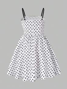 SHEIN 少女波点印花蝴蝶结装饰吊带连衣裙 - 白色 - 查看 2