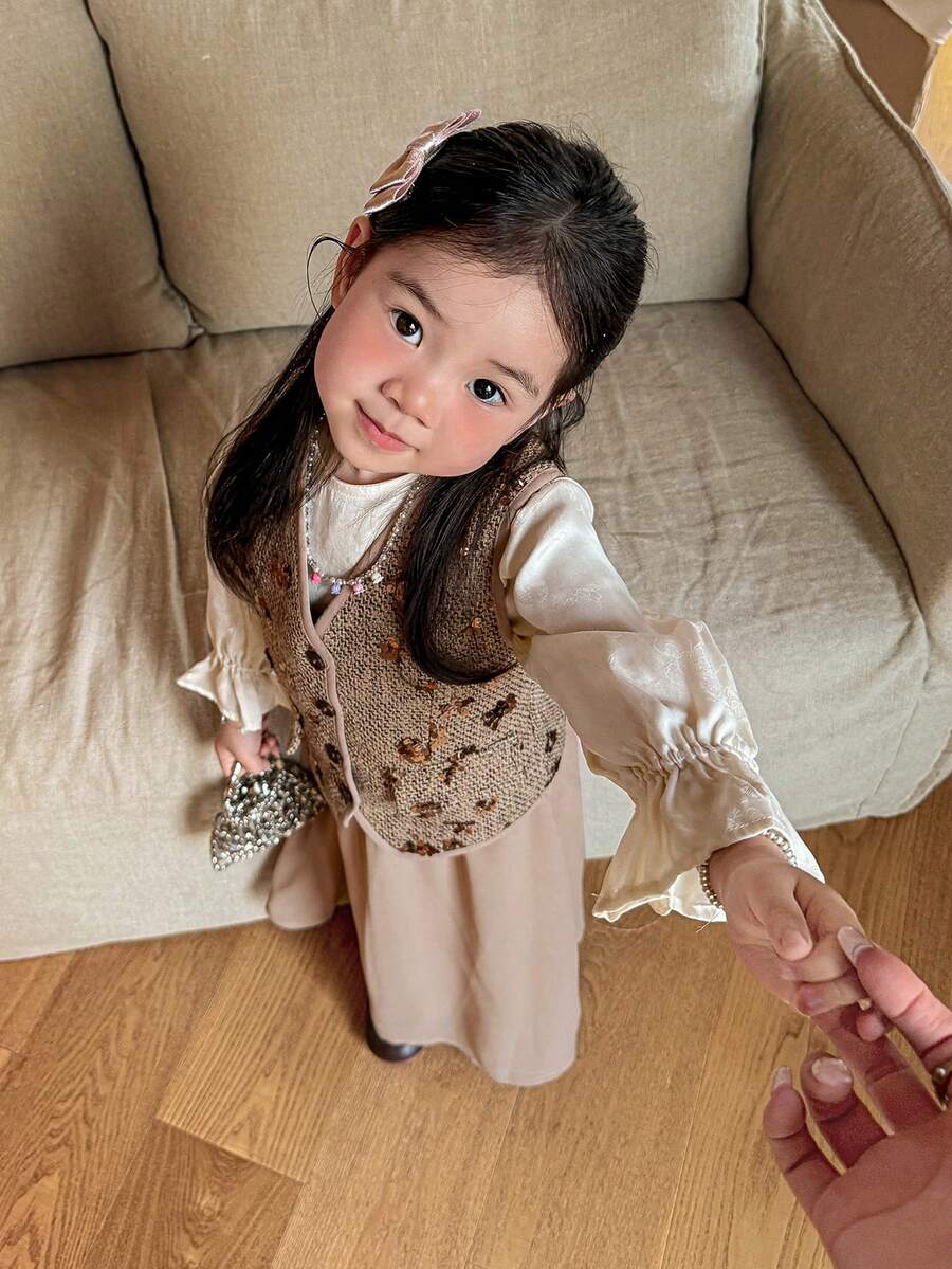 Dazy Kids 2件組少女亮片裝飾無袖上衣 & 裙子套裝 夏季 - 卡其色 - 查看 1