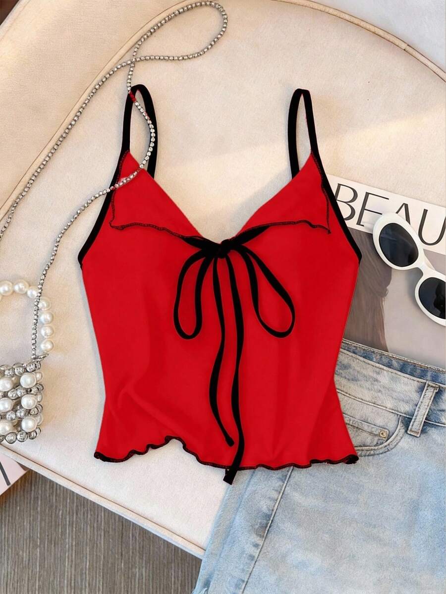 SHEIN LUNE 女士蝴蝶结荷叶边吊带背心,优雅修身 - 紅色 - 查看 1