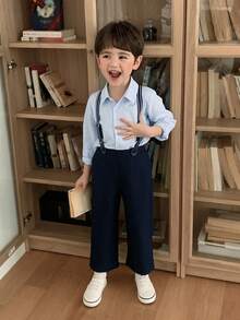 Dazy Kids 男童条纹单排扣长袖上衣和背带裤休闲套装 - 藍色 - 查看 6