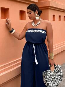 SHEIN LUNE Jumpsuit Wanita Ukuran Besar Tanpa Tali dengan Ikat Pinggang, Motif Cetak, Cocok untuk Liburan dan Pakaian Sehari-hari, Musim Semi/Panas - Navy Blue - View 5