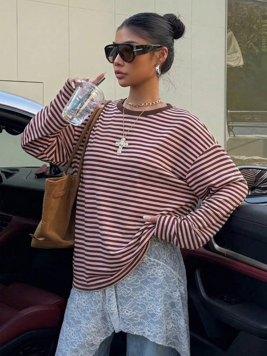 Muchica 休闲复古Y2K百搭粉棕条纹长袖宽松T恤，适合音乐节、派对、夏季女装穿着。 - 彩色 - 查看 1