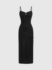 ROMWE Goth Vestido de tirantes ajustado y sexy con abertura alta y decoración de cruz gótica - Negro - Ver 5