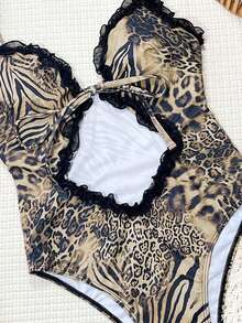 Swim SXY Leopard Print Hollow Out Spaghetti Strap Mesh Trim Drawstring Front Tie Sexy Beach One-Piece Swimsuit For Women - Multicolor - View 3