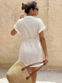 SHEIN Frenchy Đầm ngắn nữ kiểu dáng thường ngày, thắt nút, thích hợp cho kỳ nghỉ, tiệc tùng, du lịch. - Màu be - Xem 2