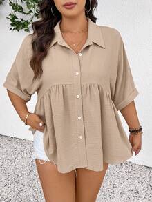 SHEIN Frenchy Women Plus Size Khaki Summer Boho Vacation Holiday Front Open Textured Short Sleeve Blouse,Comfortable Casual Spring Elegant Tops - Camel - View 5
