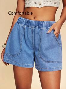 Travachic Women's Blue Denim Shorts, Casual Summer Shorts, With Pockets, Comfortable Elastic Waistband, Loose Fit. Women's Elastic Waist Shorts - Light Wash - View 5