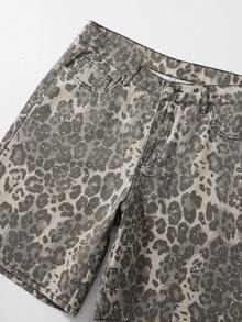 ROMWE MEN Street Life Men's Leopard Print Casual Straight Leg Denim Shorts With Belt Loops, Summer - Multicolor - View 5