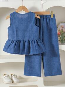 2pcs/Set Girls Toddler Summer Family Matching Outfit,Single-Breasted Bow Ruffle Hem Camisole Shirt And Pants,Minimalist Kids Linen Clothing Set - Blue - View 2
