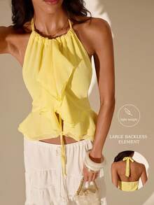 SHEIN Glamour Áo sơ mi voan đi nghỉ mát, viền bèo nhún voan, áo nữ, áo kiểu cổ yếm hở lưng màu vàng chanh, áo peplum cổ yếm bèo nhún kiểu Y2K, áo crop top voan mỏng cổ yếm, áo màu vàng pastel bèo nhún cho bữa brunch Phục Sinh, áo cổ yếm bèo nhún cho kỳ nghỉ xuân, áo cổ yếm và peplum thanh lịch, áo cổ yếm voan mỏng gợi cảm cho buổi hẹn hò, trang phục đi biển cho kỳ nghỉ xuân, lễ hội Coachella, phong cách Boho Y2K, trang phục dự đám cưới mùa xuân, trang phục bèo nhún lãng mạn cho đêm tiệc, áo bèo nhún mỏng gợi cảm cho lễ hội mùa xuân, trang phục thẩm mỹ. - Vàng nhạt - Xem 5