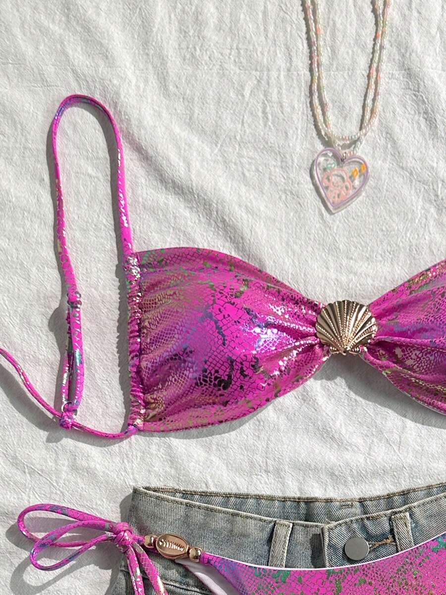 Swim Vcay Women's Summer Bikini Set With Spaghetti Strap Shell Decor Bra Top And Side Tie Swim Shorts - Pink - View 1