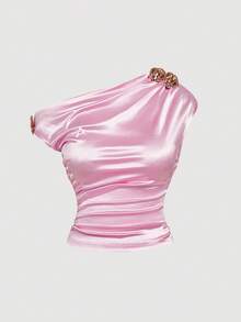 SHEIN MOD Plus Size Oblique Shoulder Ruched Decorative Button Fitted T-Shirt,Pink,Summer,Elegant,Holiday,Party,Designer Blouses For Women,Top For Ladies,Y2k - Pink - View 3