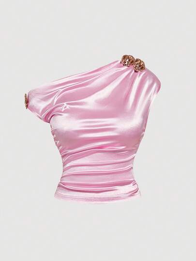 SHEIN MOD Plus Size Oblique Shoulder Ruched Decorative Button Fitted T-Shirt, Summer