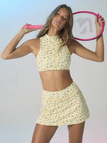 Aralina 印花拉链高领露脐上衣高腰迷你裙套装度假装女装夏季两件套 - 黃色 - 查看 7