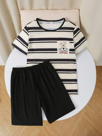 灰色底虎纹短袖短裤两件套休闲家居服套装，适合青少年男孩