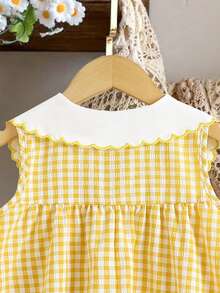 Elladie kids 女童刺绣彼得潘领可爱格子休闲连衣裙 - 黃色 - 查看 6