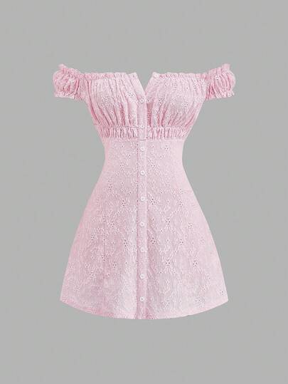 Sweetra Vestido ajustado de mujer talla grande de encaje rosa con escote abierto y sexy, cuello casual con cordones y botones, ideal para primavera/verano, temporada de bodas, vuelta al colegio, estilo universitario, uso diario, festivales de música, oficina y vacaciones