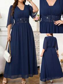 Reflora Đầm nữ cỡ lớn màu trơn đính đá, thiết kế eo, tay xòe, kiểu dáng thanh lịch. - Màu xanh hải quân - Xem 8