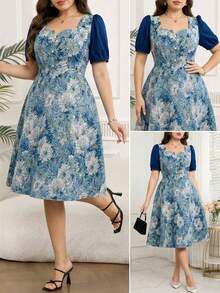 Reflora Đầm dự tiệc thanh lịch in hoa dành cho nữ cỡ lớn, thích hợp cho mùa hè. - Màu xanh lam - Xem 3
