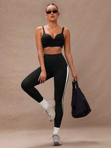 Lumalex Quần legging thể thao cạp cao màu tương phản dành cho nữ mặc hàng ngày - Đen và trắng - Xem 4