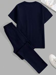 EURMUSE Cotton Men Patch Detailed With A Label Regular T-Shirt & Pants Two Pieces - Navy Blue - View 2