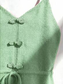 Franclia Neues Vintage elegantes modisches Kleid mit V-Ausschnitt und Kamisol, mit chinesisch inspiriertem Knopf an der Taille und Kordelzug für eine schlanke Silhouette, langes Strickkleid für den Frühling - Minzgrün - Übersicht 6