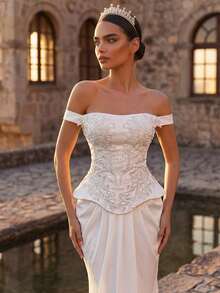 Glamrae 优雅奢华魅力露肩串珠手工贴花宫廷风美人鱼尾拖尾礼服，适合约会、婚礼、红毯、所有婚礼相关场合，女士新年婚纱 - 白色 - 查看 1