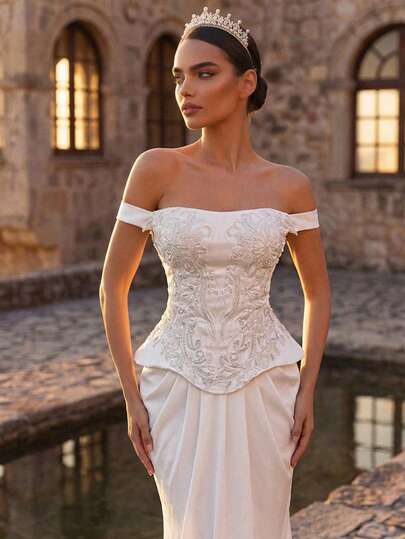 Glamrae Elegant Luxury Glamorous Off-Shoulder Beaded Handmade Applique Palace Style Mermaid Tail Train Dress, Suitable For Dates, Weddings, Red Carpet, All Wedding Events, Women's New Year Wedding Gown