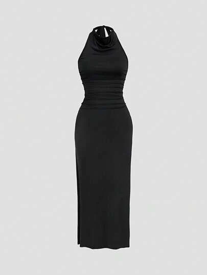 Sweetra Women's Minimalist Fashionable Draped Neck Tie Backless Slit Fitted Knit Elegant Dress, Spring/Summer
