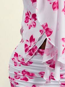 Zestiva Spring/Summer Hot Selling Casual Plant Flower Print Front Center 3D Flower + Ruffle Collar Anti-Slip Top + Plant Flower Print Side Ruched Midi Skirt Women Casual Suit - Multicolor - View 8