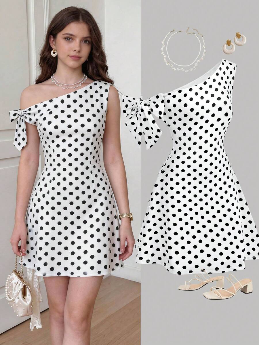 Girlism Vestidos para adolescentes, vestido de verano elegante con hombros asimétricos y lazo, sin mangas, minimalista, vestido corto de lunares, vestido de lunares casual y versátil para niñas, adecuado para ir al trabajo, elegante, fiesta, reunión familiar, graduación, vacaciones, conjunto de lunares, atuendos de primavera para mujeres, vestidos de lunares para mujeres, vestido de lunares de verano para mujeres, vestido de lunares de un hombro para mujeres - Blanco - Ver 1