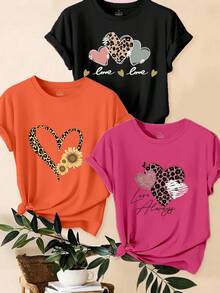 EMERY ROSE Bộ 3 áo thun in họa tiết da báo, trái tim và khẩu hiệu, kiểu dáng thường ngày. - Nhiều màu - Xem 1