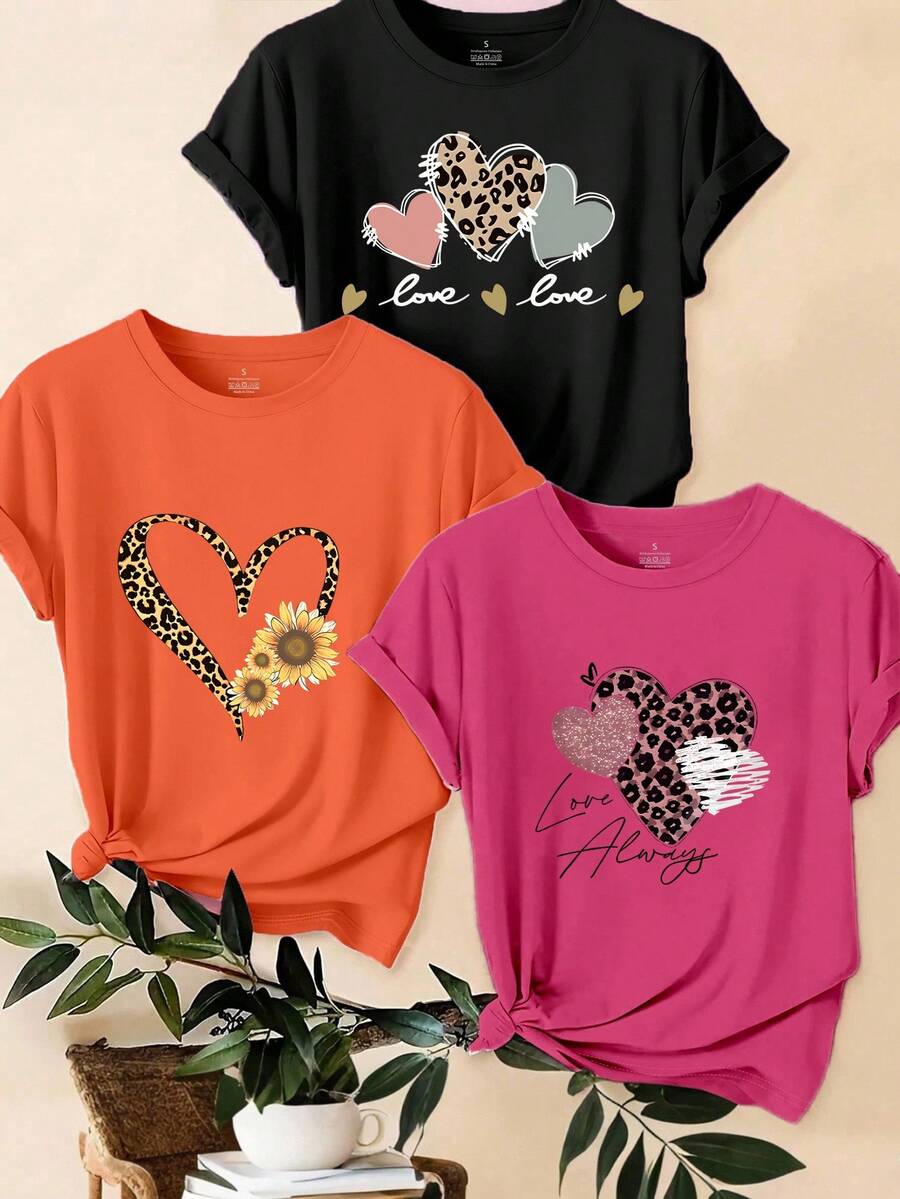 EMERY ROSE Bộ 3 áo thun in họa tiết da báo, trái tim và khẩu hiệu, kiểu dáng thường ngày. - Nhiều màu - Xem 1