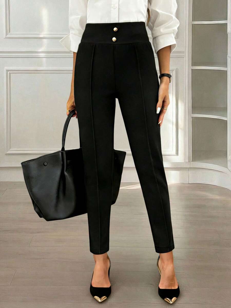 Miaspire Women's Fashionable Elegant Metal Buckle Work Commute Pants - Black - View 1