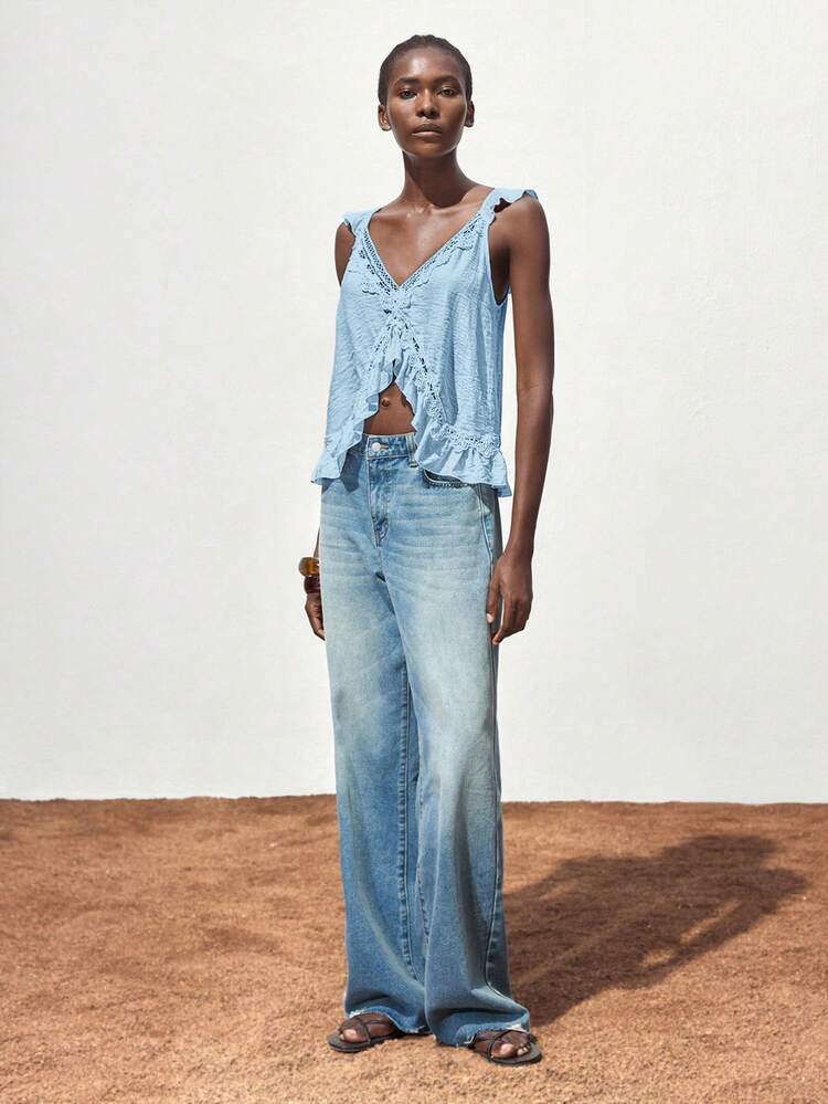 SHEIN Maija Women's Solid Color Contrast Lace Ruffle Hem Loose Tank Top