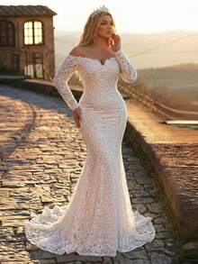 Glamrae Đầm maxi dáng đuôi cá sang trọng, thanh lịch, cỡ lớn, đính ngọc trai, tay áo ren xuyên thấu, có đuôi dài, thích hợp cho đám cưới, tiệc tùng, kỳ nghỉ, dạ hội, lễ hội. - trắng - Xem 5