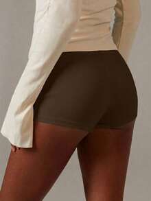 Athîral 女士休闲纯灰色针织短裤 - 咖啡棕 - 查看 2