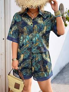 Breezaya Women's Plus Size Hot Pink Tropical Blouse And Shorts Co Ords Set Casual Short Sleeve Drop Shoulder Beach Vacation Outfit - Hot Pink - View 8