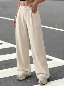 SHEIN EZwear Quần cargo ống rộng dáng suông màu mơ cổ điển dành cho nữ, thích hợp cho mùa xuân/hè. - Màu be - Xem 3