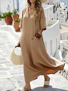 Breezaya 女士V领镂空宽松休闲度假连衣裙，夏季 - 杏色 - 查看 7