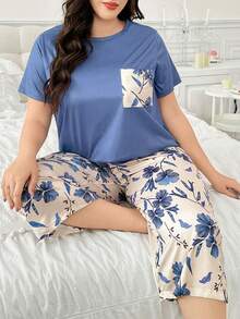 SHEIN Plus Size Purple Floral Print Pocket Floral Plus Size Pijamas For Women Plus Size Pyjama Set Plus Size Pjamas Set For Women Curve PJSs For Women - Blue - View 4