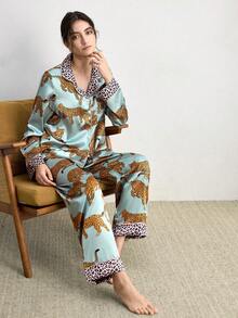 Ocili 2pcs/Set Women Leopard Color Blocking Pajama Set Holiday Season, Fall Winter Clothes - Multicolor - View 1
