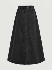 SHEIN Girlism Teen GirlNavy Blue Denim Pleated Mini Skirt - Black - View 5