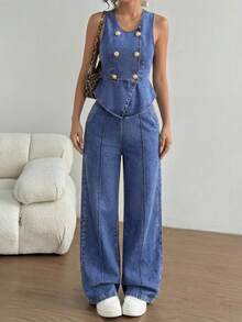 SHEIN 2件套少女休闲优雅简约通勤背心外套和裤子套装 - 中等水洗藍 - 查看 4