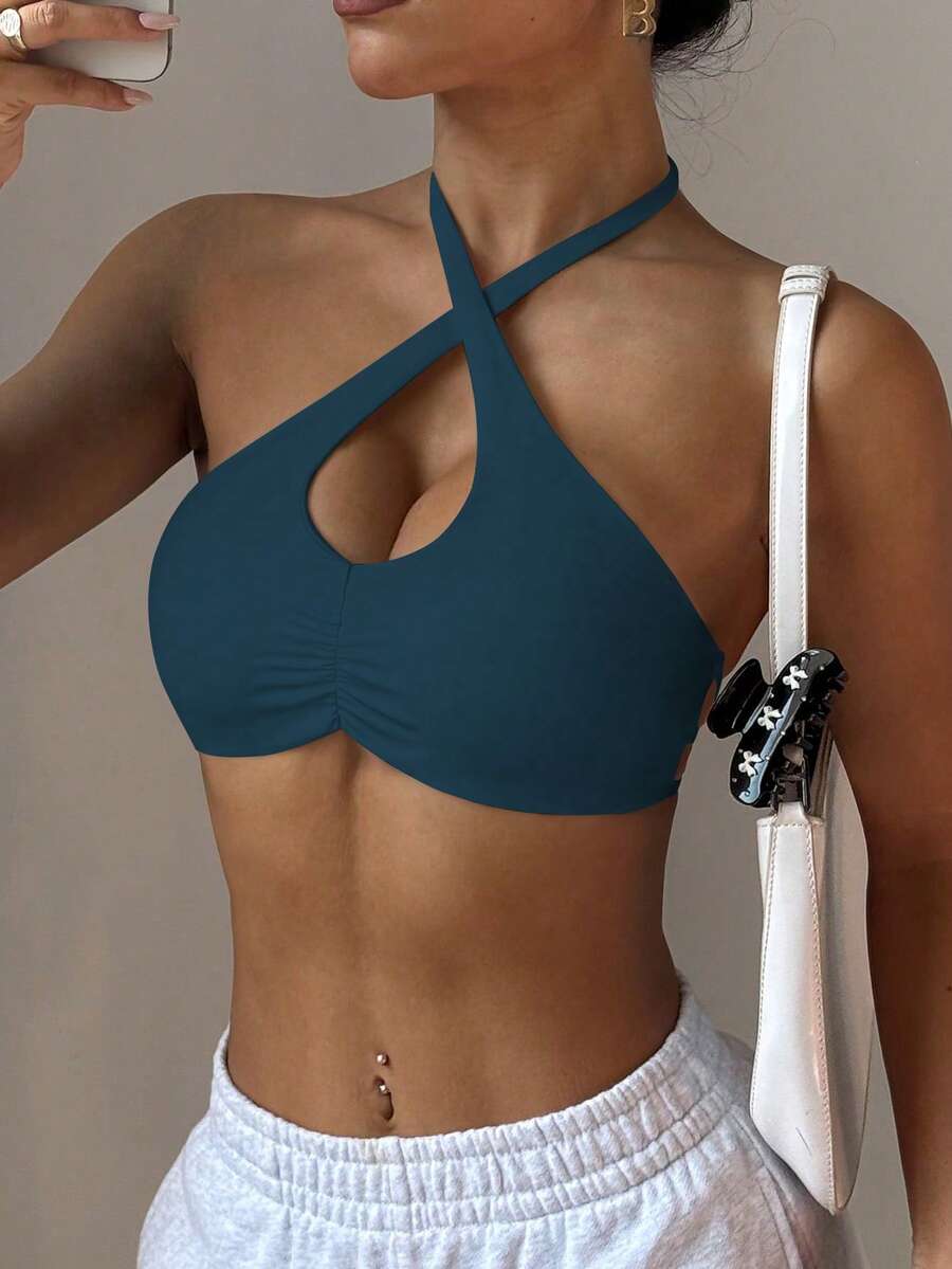 Slayform Áo ngực thể thao nữ với cổ yếm nhún phía trước, dây đeo chéo có đệm mút có thể tháo rời, phù hợp cho mặc hàng ngày, chơi tennis, tập yoga, tập gym và các hoạt động khác. - Màu xanh ngọc - Xem 1