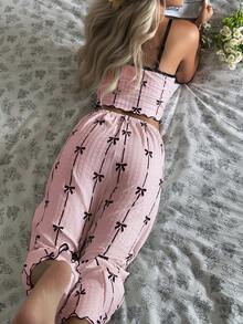 CottageSlumber Cartoon Bow Print Contrast Lace Design Comfortable Camisole & Pants Women Pajama Set - Pink - View 7