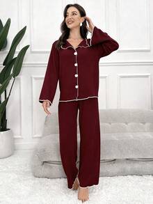 SHEIN 女士单排扣长袖上衣和裤子休闲睡衣套装 - 酒紅色 - 查看 5
