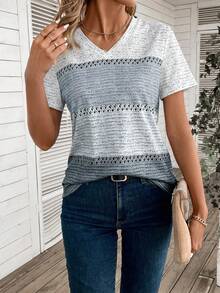 EMERY ROSE V领撞色短袖T恤图案女式上衣 - 彩色 - 查看 4