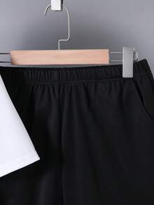 Vacaura Conjunto de sudadera con capucha y pantalones cortos minimalista de contraste de color para adolescentes, adecuado para el uso diario y el deporte - Negro - Ver 5