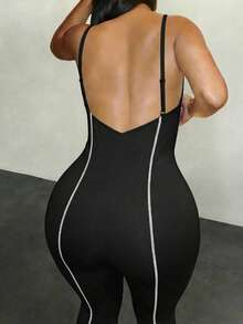 Slaydiva 早春新款，春夏音乐节，情人节，复活节休闲风，简约基础款，Y2K街头甜美风，网红热销款，日常约会，辣妹风，性感运动风，吊带，U领，镂空，修身长裤，撞色哈苏线装饰，V领，大露背，浅绿色长裤，女士紧身连体裤 -A - 黑色 - 查看 2